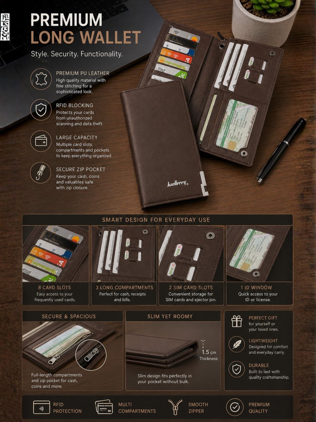 Baellerry Long Leather Wallet For Men and Women