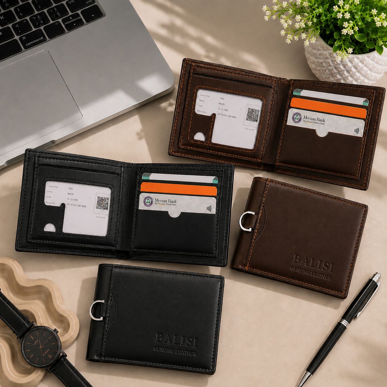 BALISI Men's Leather Wallet with Pull-Out Card & ID Case